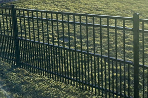 Ornamental Steel Puppy Picket Flat Top 8' Wide x 4' Tall 4-Rail Fence Panel with 3-7/8" Air Space