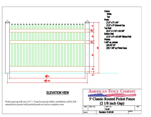 5' Classic Routed Picket Fence Panel, K-80 - White