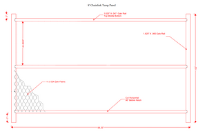 Detailed schematic of an 8' chain link temporary fence panel, highlighting frame structure, mesh gauge, and assembly measurements.
