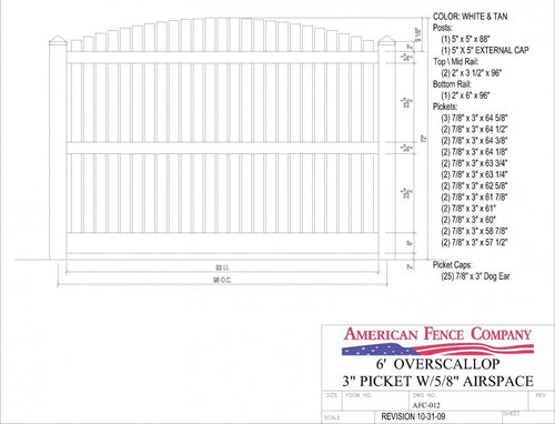 AFC-012   6' Tall x 8' Wide Overscallop Fence with 5/8" Air Space - White