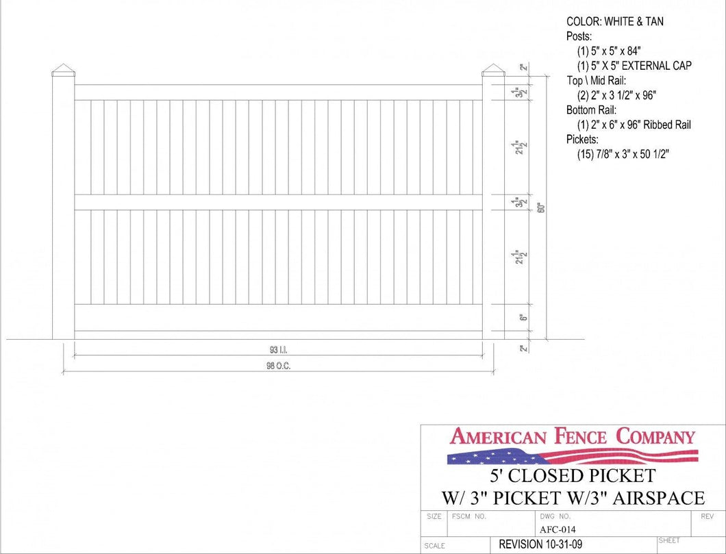 AFC-014   5' Tall x 8' Wide Closed Picket Fence with 3