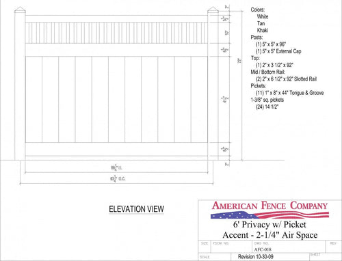 AFC-018   6' Tall x 8' Wide Privacy Fence with Picket Accent - White