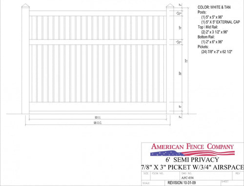 AFC-034   6' Tall x 8' Wide Semi Private Fence with 3/4" Air Space - White