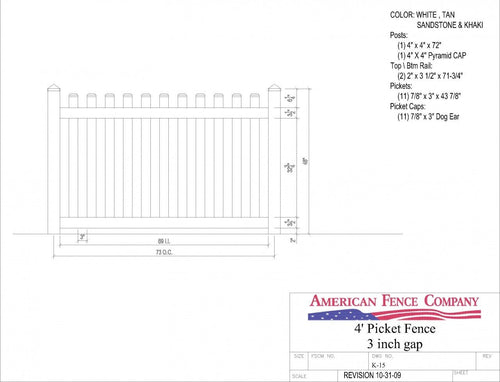 K-15   4' Tall x 6' Wide Picket Fence with 3" Air Space - Tan